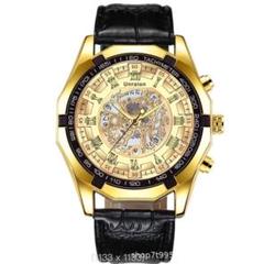 ku26 新品 彫スケルトン Unraion 腕時計メンズ レザー 金 106