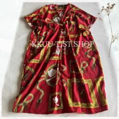 KKUU-TIST SHOPスカーフ柄プルオーバーワンピース 総柄 赤 ゆったり