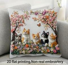 新品　5匹のこねこちゃん　刺繍風　2Dプリント　クッションカバー 両面プリント