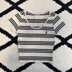 ジェイダ　半袖ミニ丈リブTシャツ　ストライプ ネイビー