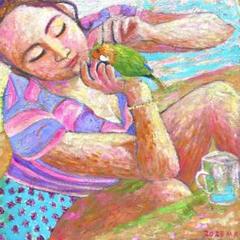 コザクラインコと女性 S8 油彩画 人物画 絵画 コザクラインコと女性 S8 油彩画 人物画 絵画 - メルカリ