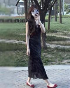 大人可愛い♡ドット柄ノースリーブワンピース ロング丈 夏 韓国風