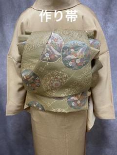 振袖用作り帯　うす緑〜白　青い鳥と花　　ハンドメイド 振袖用作り帯うす緑〜白青い鳥と花ハンドメイド