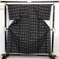 単衣 紬 格子柄に絣模様 黒色 KK-1728