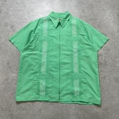 90s.キューバシャツ フルジップ 刺繍 グリーン L【SS008】