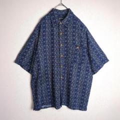 柄シャツ (M) 総柄 オーバーサイズ レーヨン ゆるダボ 青 紺色 白 古着