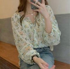 小花柄Vネックブラウス 長袖シフォン ゆったりMサイズのサムネイル