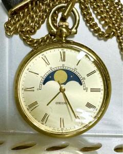 【動作ＯＫ】SEIKO ムーンフェイズ付き懐中時計 7424-0010 ゴールド New Batt 【N MINT】 Vintage Seiko Moon Phase 7424-0010