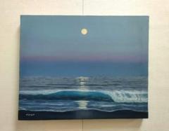 アクリル画　風景　月夜の海　手描き　絵画　イラスト　原画 　F3サイズ