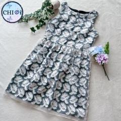 ノースリーブワンピース 総柄 花柄 刺繍 総レース ドレス ひざ丈 40サイズ