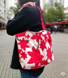 赤い葉のキャンバストートバッグ ハンドメイド