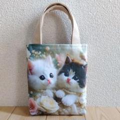 子猫と薔薇柄　パネル生地のミニミニトートバッグ　ハンドメイド　サブバッグ　884