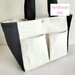 handmade　トートバッグ　コットンリネンキャンバス　国産　ポケットいっぱい