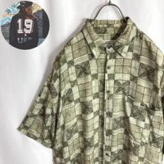 古着 総柄シャツ レーヨン バティック柄 民族チェック柄くすみ薄緑L半袖