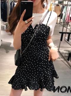 セットアップ 大人可愛い 2XL レディース 白×黒 半袖 キャミワンピ 水玉
