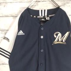【MLB】アディダス　ブルワーズロゴ刺繍ゲームシャツ　ラグラン　スリーストライプ