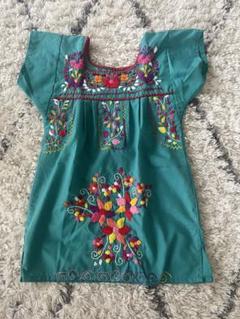 海外ハンドメイド刺繍メキシカンワンピースドレス ターコイズ色半袖