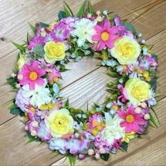 ピンク イエロー系　華やか造花リース　 玄関リース　ハンドメイド　匿名配送