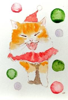 夏バテ　新人画家　大塚麻世  ねこ 三毛猫　金魚　絵画　水彩　動物　猫絵 夏バテ」 新人画家大塚麻世 ねこ 三毛猫金魚絵画水彩動物