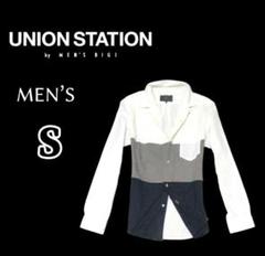 メンズS◇UNION STATION◇綿×ニット×コーデュロイ切替長袖シャツ　白