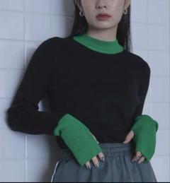 miette リブ編み セーター 長袖 親指穴 黒×緑