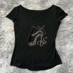 【チャコット】黒のストーン装飾ハイヒール柄トップス Tシャツ (S)