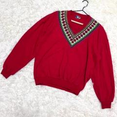 CRAZY BLVO トレーナー Vネック 刺繍デザイン リブ袖 レッド (L)