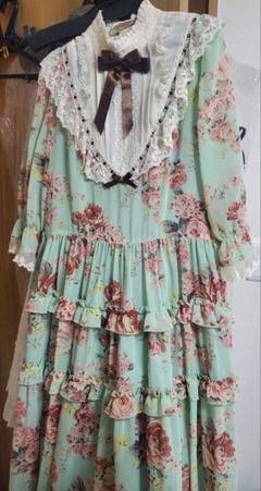 InnocentWorld　ローズシフォンドレス　グリーン×ショコラ　L Innocent World｜ローズシフォン丸衿ドレスRose Chiffon Round