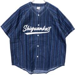 Shiyuankai レトロ 古着 ロゴプリント ストライプ ベースボールシャツ