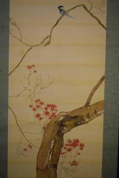 真作/東原方僊/晩秋紅葉に四十雀図/桐共箱二重箱付/布袋屋掛軸HG-884 真作/東原方僊/晩秋紅葉に四十雀図/桐共箱二重箱付/布袋屋掛軸HG