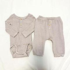 H&M コットンロンパース　パンツセット　ブラウン　ボーダー　セットアップ　長袖