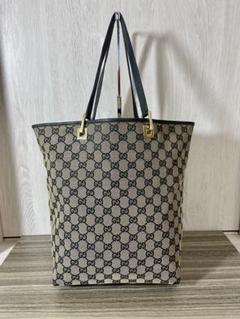 GUCCI トートバッグ　GG柄　キャンバス　レザー　ネイビー　大容量　肩掛け
