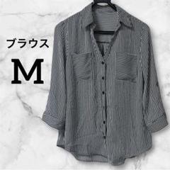 ブラウス【M】ストライプデザイン シャツ 5分袖 7分袖 V字 黒白 ポケット