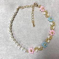 ガラスビーズ ブレスレット ハンドメイド 花 パール ピンク 水色 金 #14