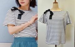 クチュールブローチ ボーダー 半袖 Tシャツ リボン フレアスリーブのサムネイル