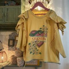 古着リメイク　ロゴTシャツ　フリル　花柄　ハート　黄色　リメイクTシャツ