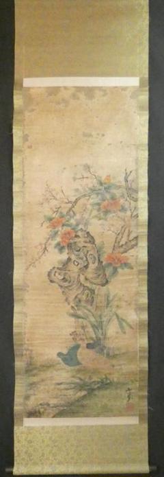 掛け軸 美品 【 野口小頻 】 花鳥掛け軸箱無し 紙本