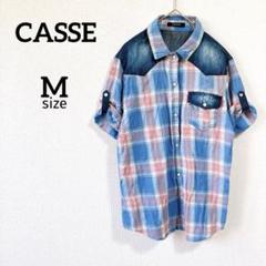 Z【CASSE】デニムチェックシャツ M 半袖 スナップボタン ロールアップ袖
