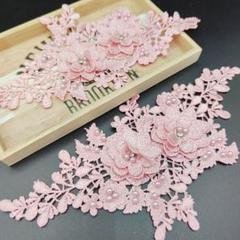品番YZ1127Pk ピンク　刺繍レース ビーズ花芯 モチーフ ドレス 4枚