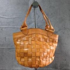 【トートバッグ】 丸底 レザー 編み込み チェック キャメル ハンドバッグ