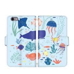 受注制作 海 イラスト 魚 スマホケース 手帳型 マリン 鯨 海月 ケース 水色