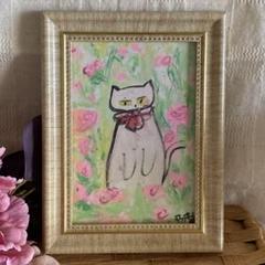 絵画。原画【月の白い猫に美しいバラを三本植えました】 絵画。原画手描【猫は美しい花の海で楽しく遊んでいる】01