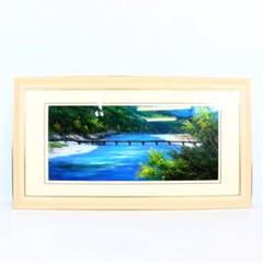 真作保証】 流月真一 四万十と沈下橋 油彩 風景画 油絵 絵画
