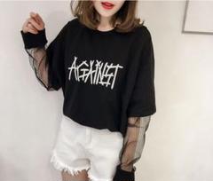 ❤︎袖メッシュ ロゴTシャツ レイヤード カットソー 黒 t0022