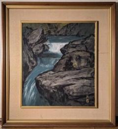 【真作】絵画　水島裕　日本画10号　滝　渓谷の響き　山間の清流　箱入　U43 真作】絵画 水島裕 日本画10号 滝 渓谷の響き 山間の清流 箱入