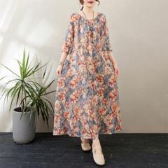 花柄ワンピース 丸襟 プリント リゾート 綺麗め 総柄 ロング丈 Aライン