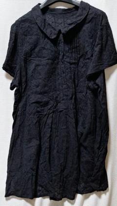 超ゆったり　刺繍柄 ブラック コットン ロング プルオーバー 半袖シャツ　8L