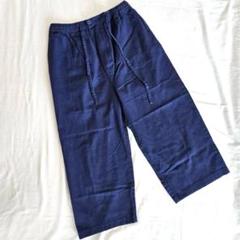 コットン100 ゆったりワイドパンツ ブルー ウエストゴム 薄手 L