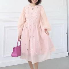 チェスティ ワンピース フレア ミモレ長袖 シフォン シアー ビジュー装飾 0