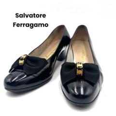【美品】Ferragamo ３連ヴァラ パンプス レザー ブラック 23.5cm